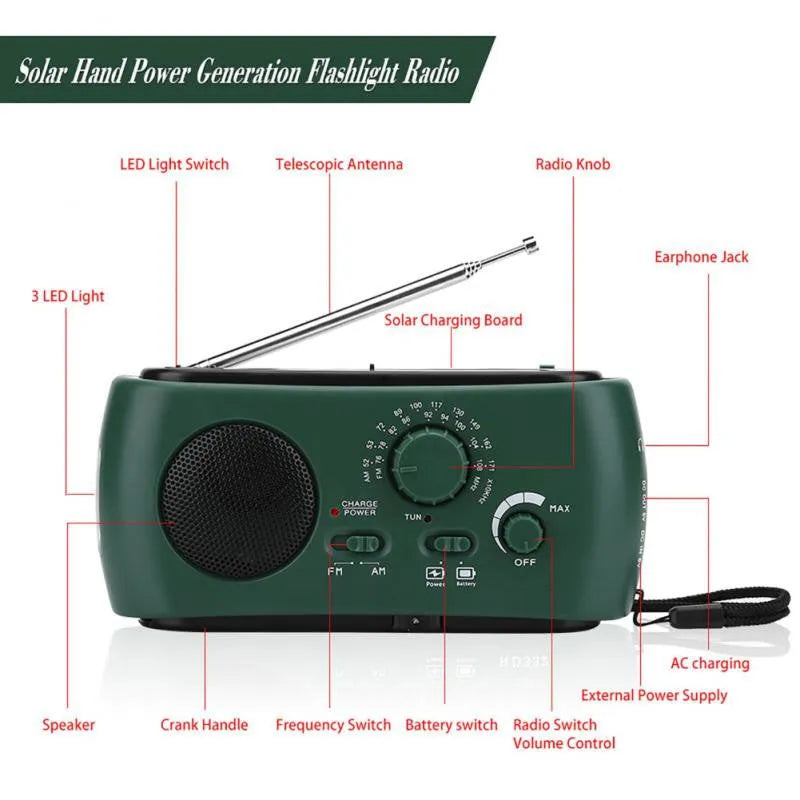 AM FM solar hand crank rechargeable radio with LED flashlight in white, measuring 15x7x4cm, for hiking and emergency use