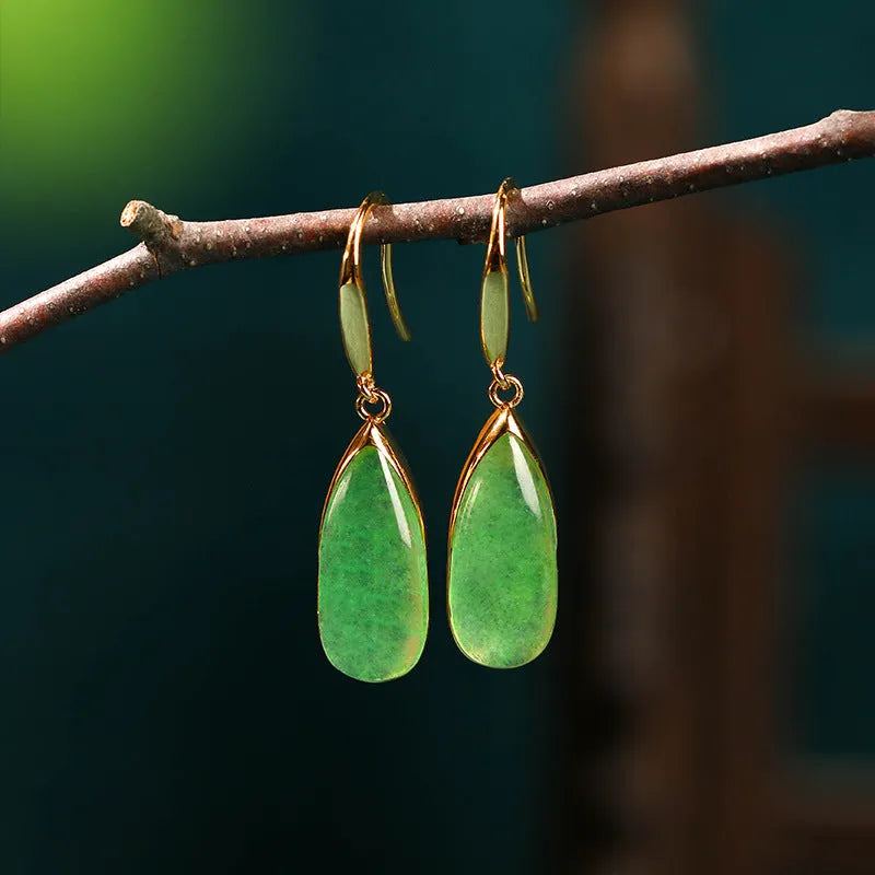 Chinese style geometric copper earrings with electroplated CP798 jade finish and water droplet design