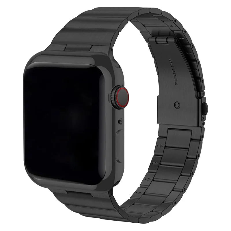 Stainless steel metal watch band for iWatch 38mm to 49mm in silver finish on table