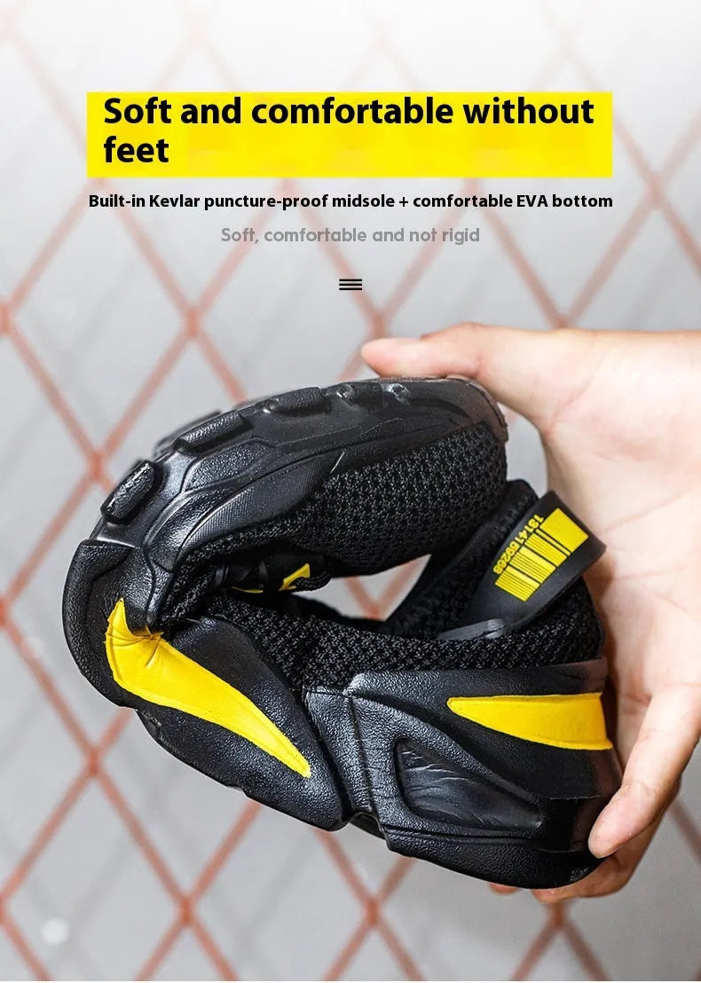 Men's black Flyknit steel toe safety work shoes with low-top design on industrial floor