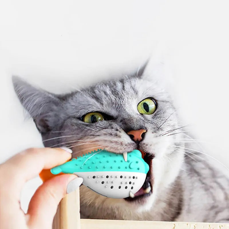 Mint Toys blue silicone cat fish chew toy and teaser on a plain surface showing fish shape and size.
