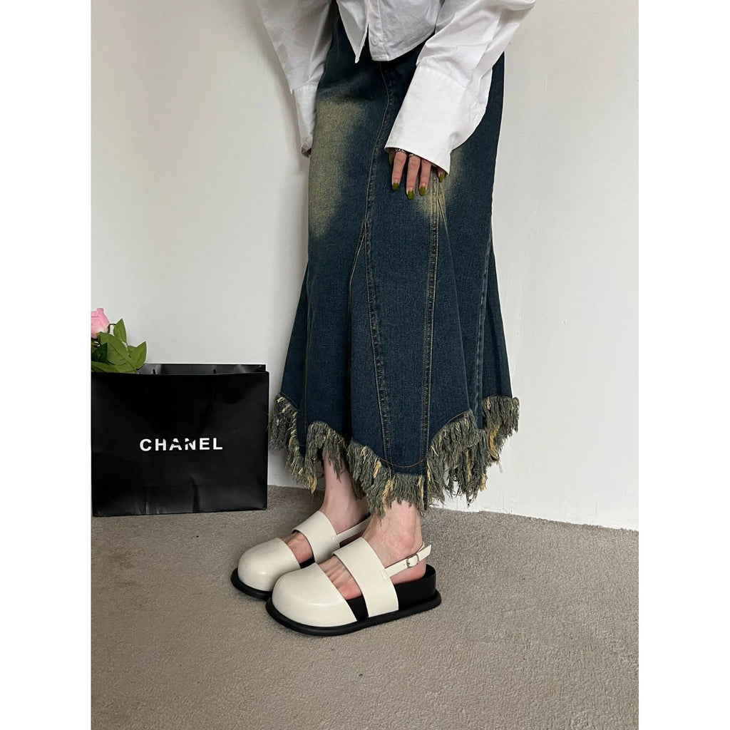 Retro Korean style sandals with an ankle-strap buckle, shown in apricot colour.