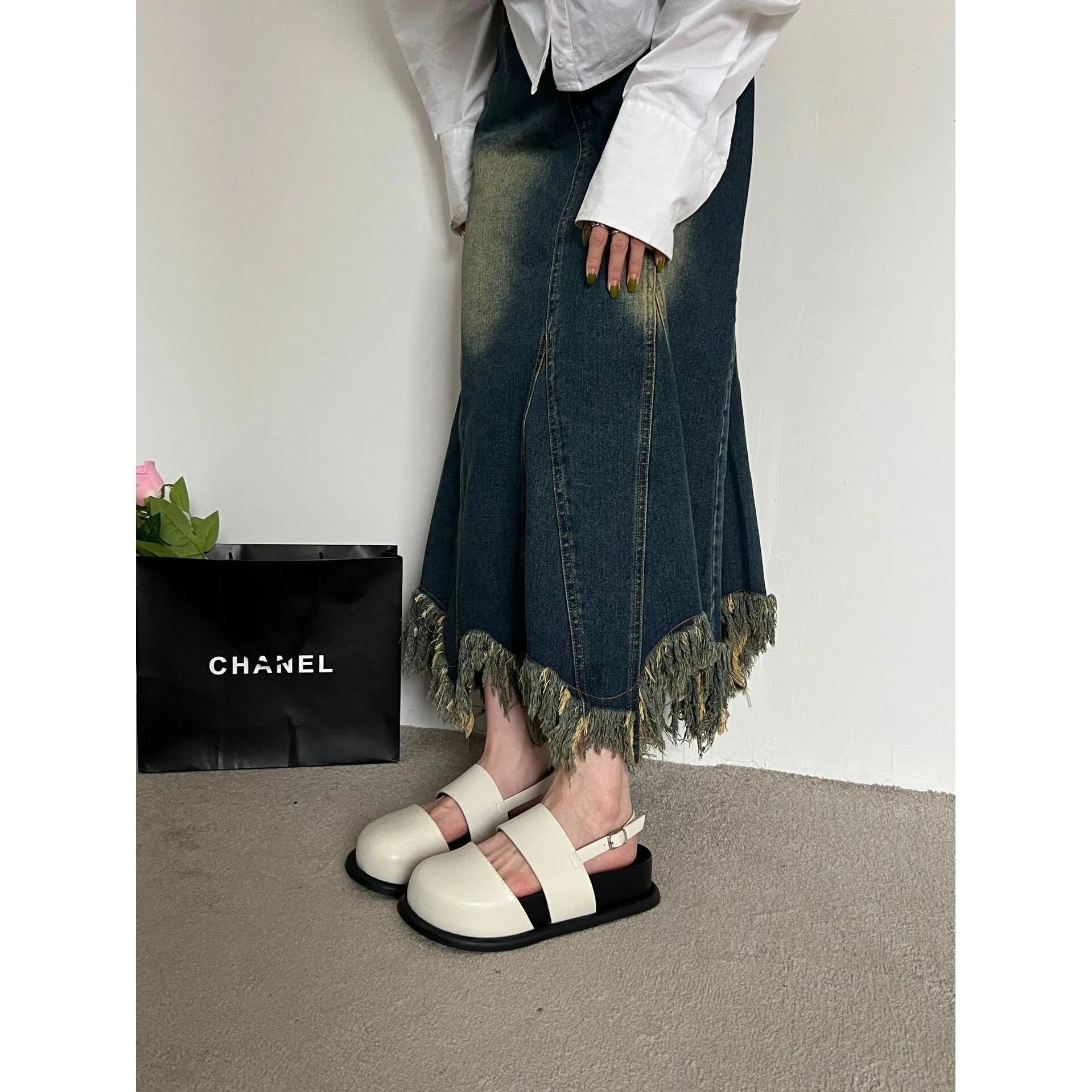 Retro Korean style sandals with an ankle-strap buckle, shown in apricot colour.