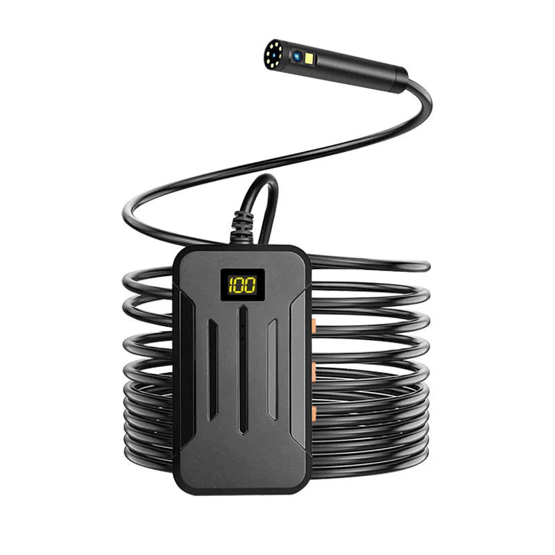 F300 wireless endoscope with dual 5.5mm and 8mm camera probes, magnet, and hook accessories on a dark background