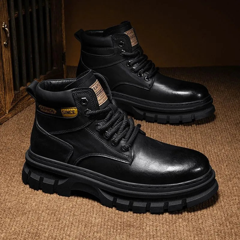 Men's brown artificial PU leather Martin boots with front laces, round toe, and mid-calf height on a rubber sole.