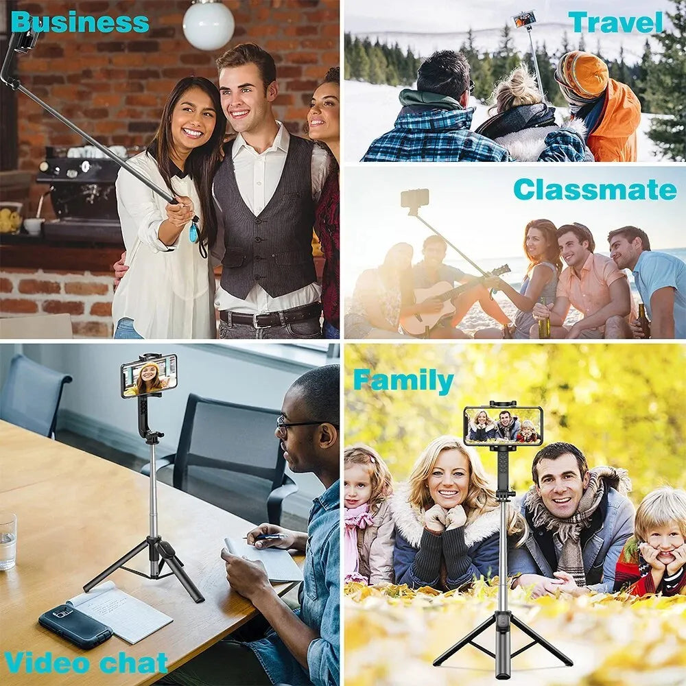 Black extendable selfie stick tripod with wireless remote and phone holder