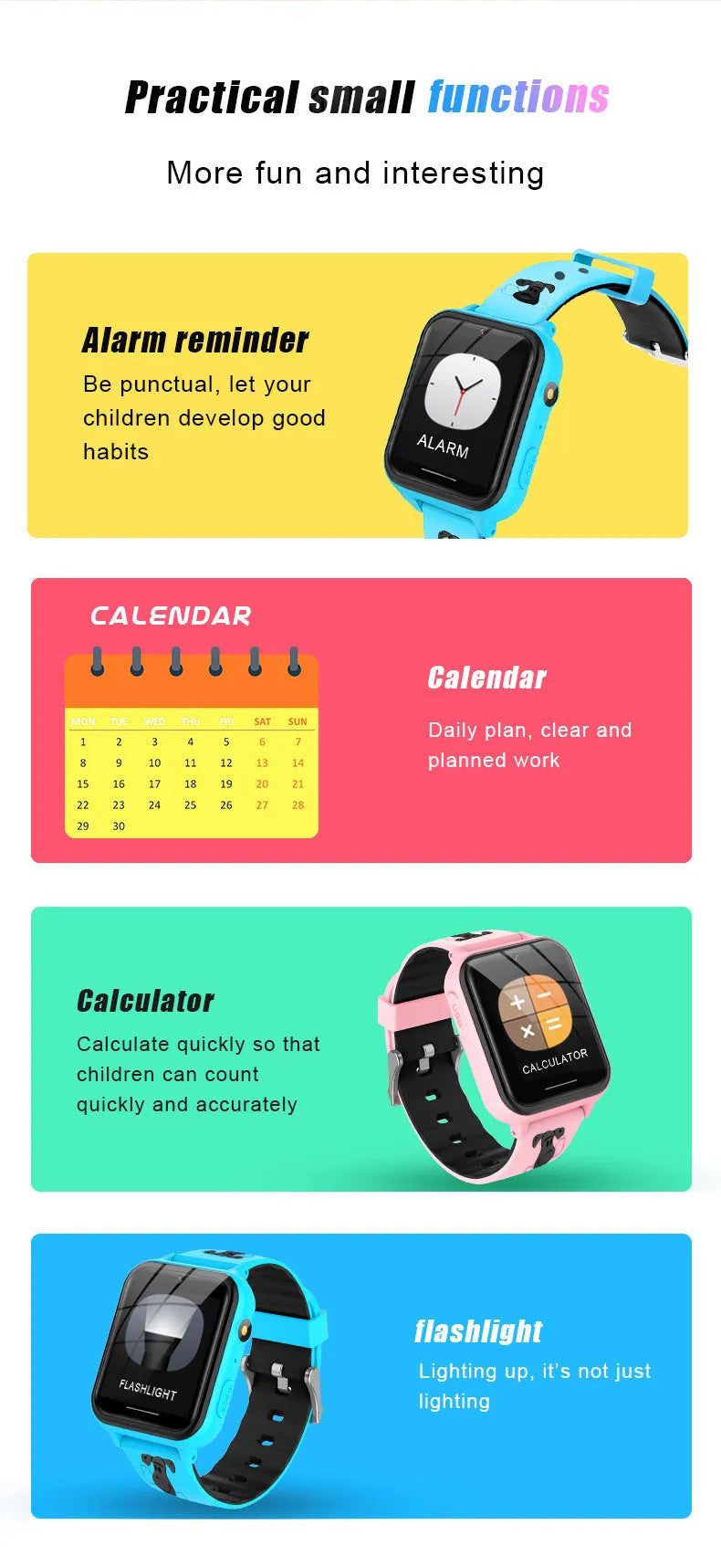Children's telephone watch with touch screen, 1.54 inch IPS display, silicone strap in pink, blue, and black