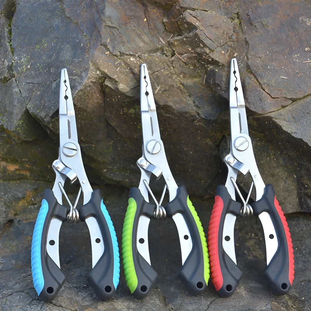 Medium stainless steel fishing pliers with a blue plastic handle, shown with a nylon carry bag and strap.