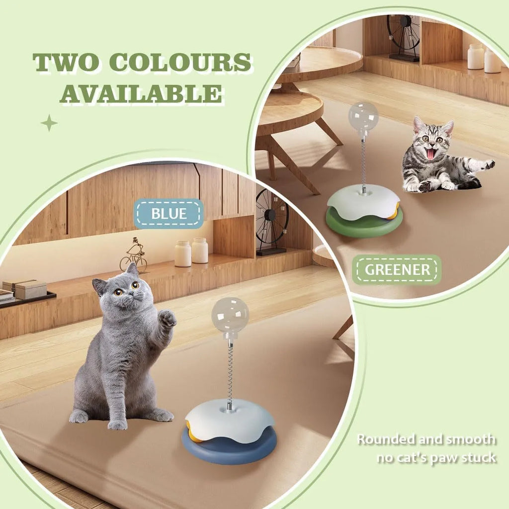 Blue interactive cat treat dispenser toy with track ball design for slow feeding
