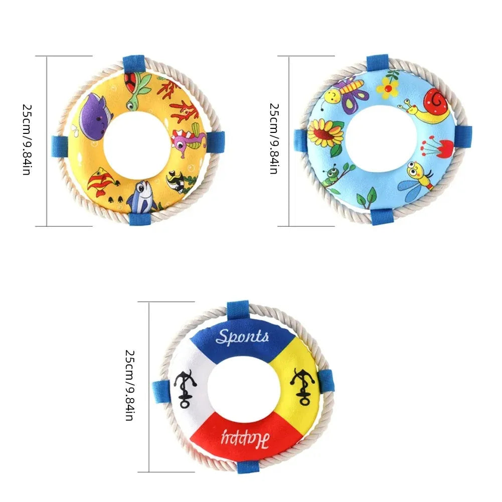 25cm diameter plush dog pull ring toy in yellow fish design for interactive pet play