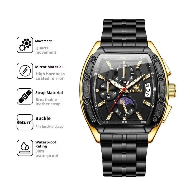 Men's steel belt quartz watch with blue dial, luminous hands, moon phase, and calendar