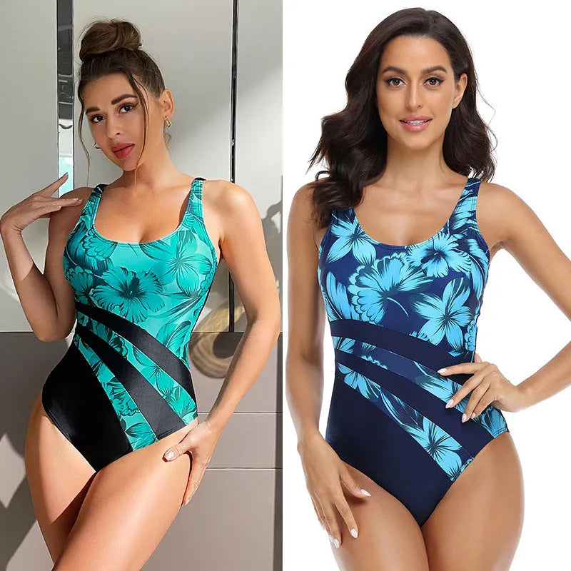 Green conservative women's one-piece printed swimsuit on a mannequin.