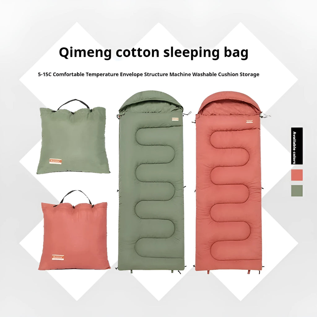Ochre and olive green cotton sleeping bag quilt with storage bag for outdoor camping