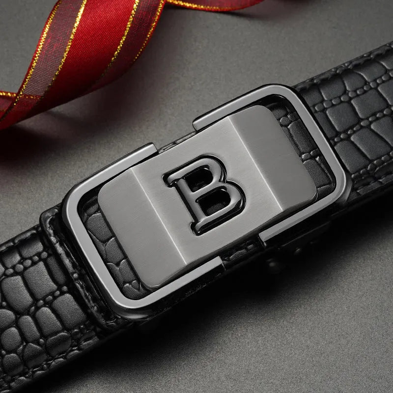 Automatic buckle belt with zinc alloy button head, PVC face, cowhide bottom, 3.3cm width, black or coffee colour