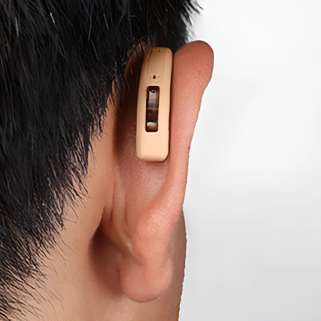 Black wireless back-of-ear rechargeable Bluetooth hearing aid with Type-C charging and silicone ear domes