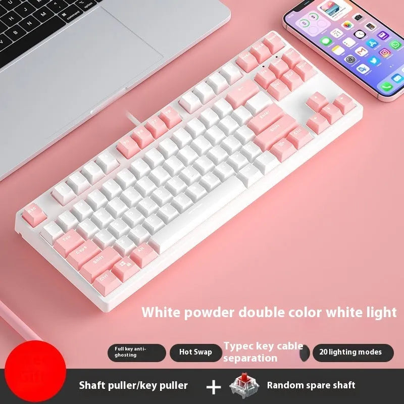 87-key wired mechanical gaming keyboard with hot-swappable switches in dual-colour keycap configuration