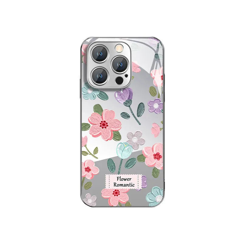 Ins oil painting flower mirror phone case in silver gray electroplated glass for Apple iPhone