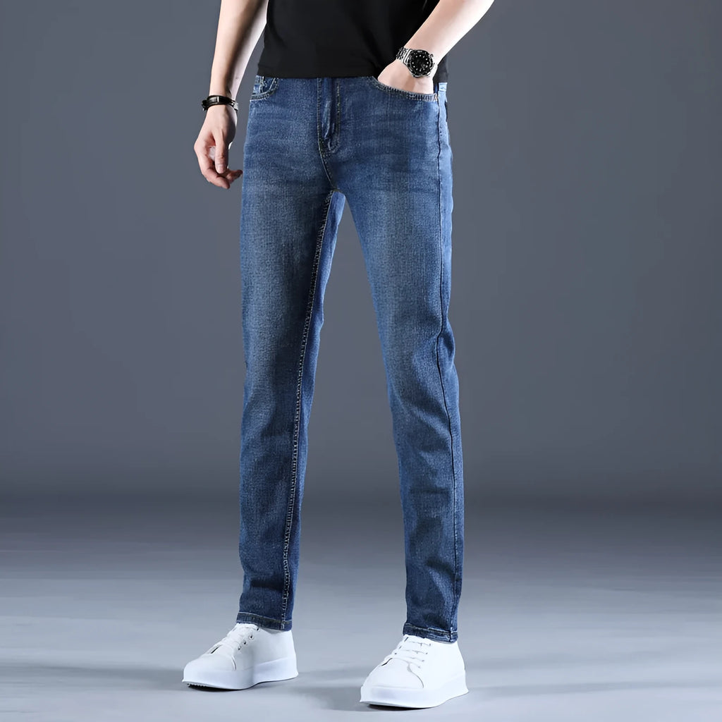 Men's summer thin straight slim stretch casual cotton trousers in blue, mid waist with zipper fly