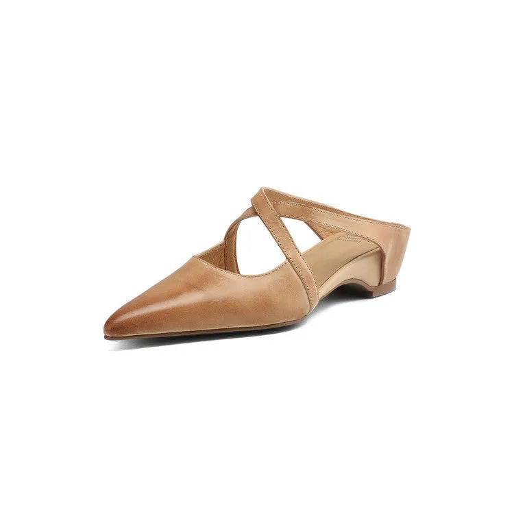 Vintage washed cowhide pointed-toe mules shoes in apricot genuine leather women's flat shoes