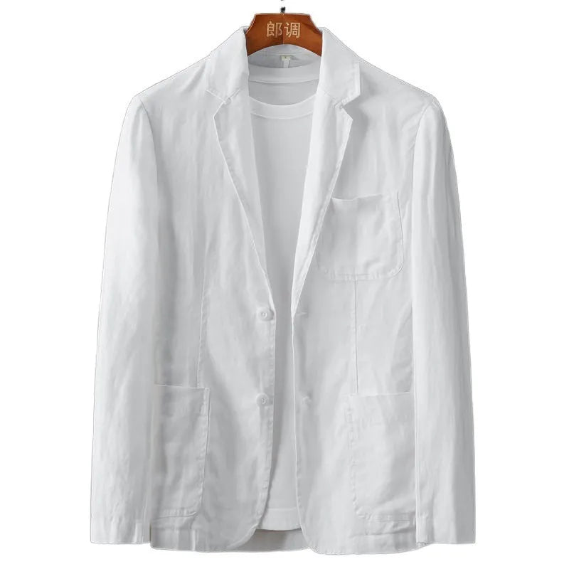 Men's slim fit solid colour linen suit coat on a hanger, showing nine-point sleeves and mid-length cut.