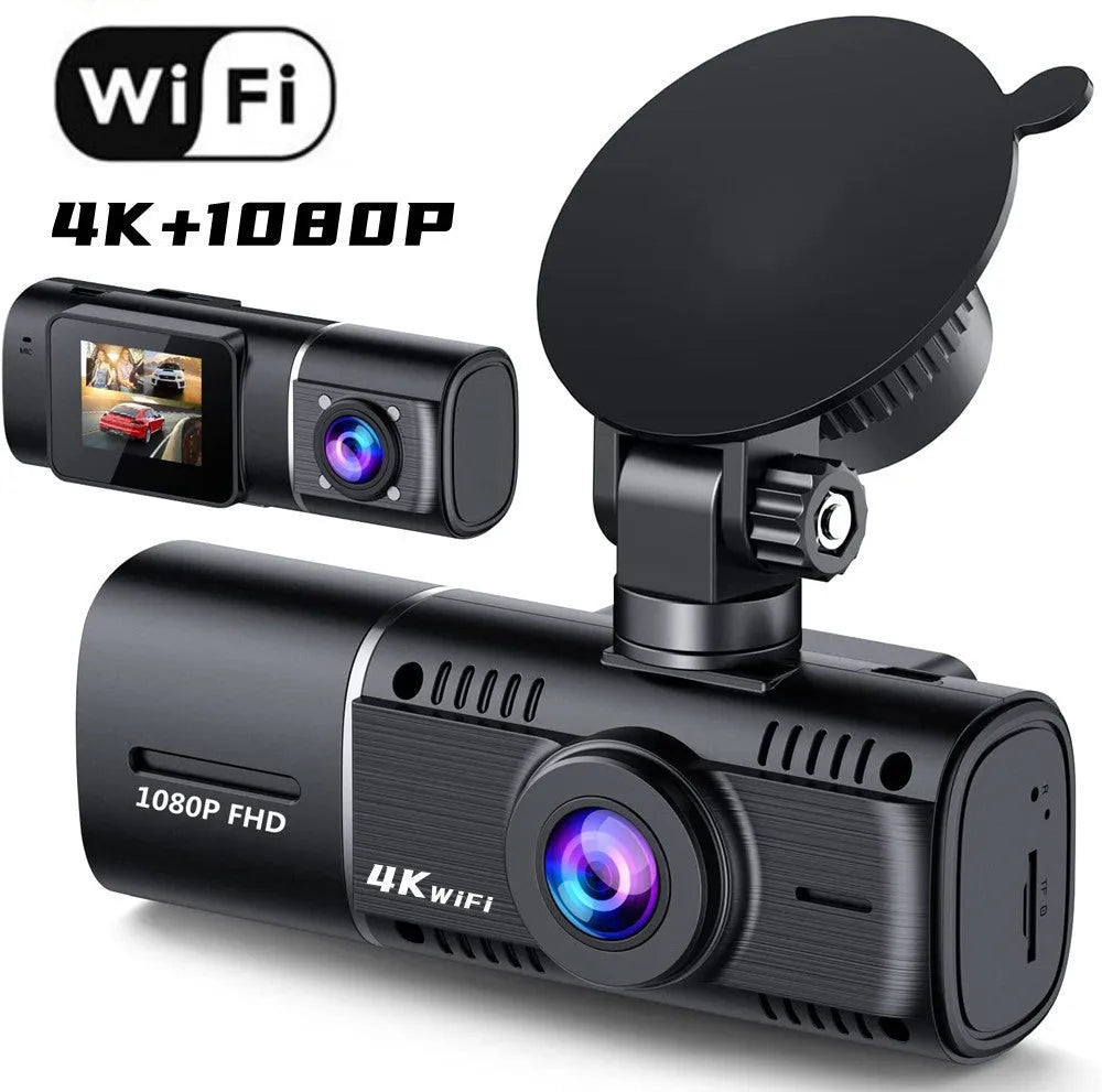Standard black car dashcam with 1.5-inch screen for front and rear recording.