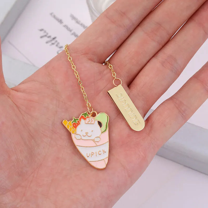 Jane Lime cartoon cat metal bookmark with food-themed designs measuring 3.8cm by 18.3cm