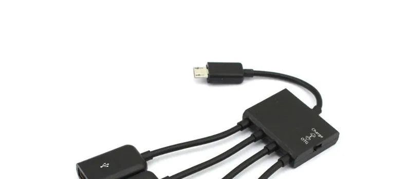 Black Micro USB OTG one-to-four adapter with charging switch, 0.25m cable, for Android phones and tablets.
