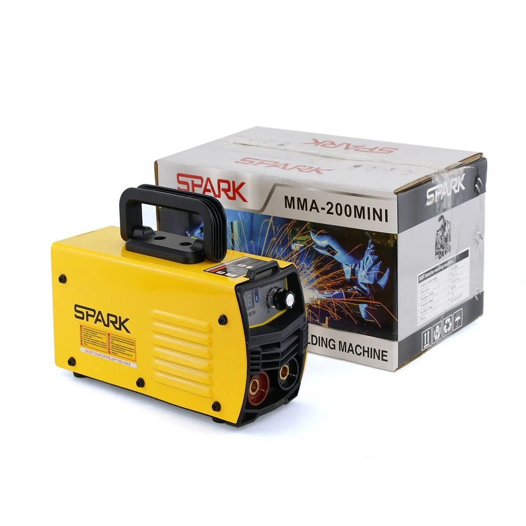 MMA-200MIN 220V inverter DC welding machine with welding tongs, clamps, and face shield on a workbench.