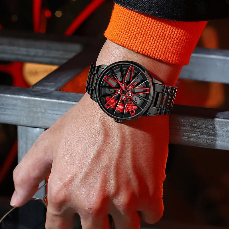 Three-dimensional hollow car inspired forged men's quartz watch with rotating steel belt in all black red colour