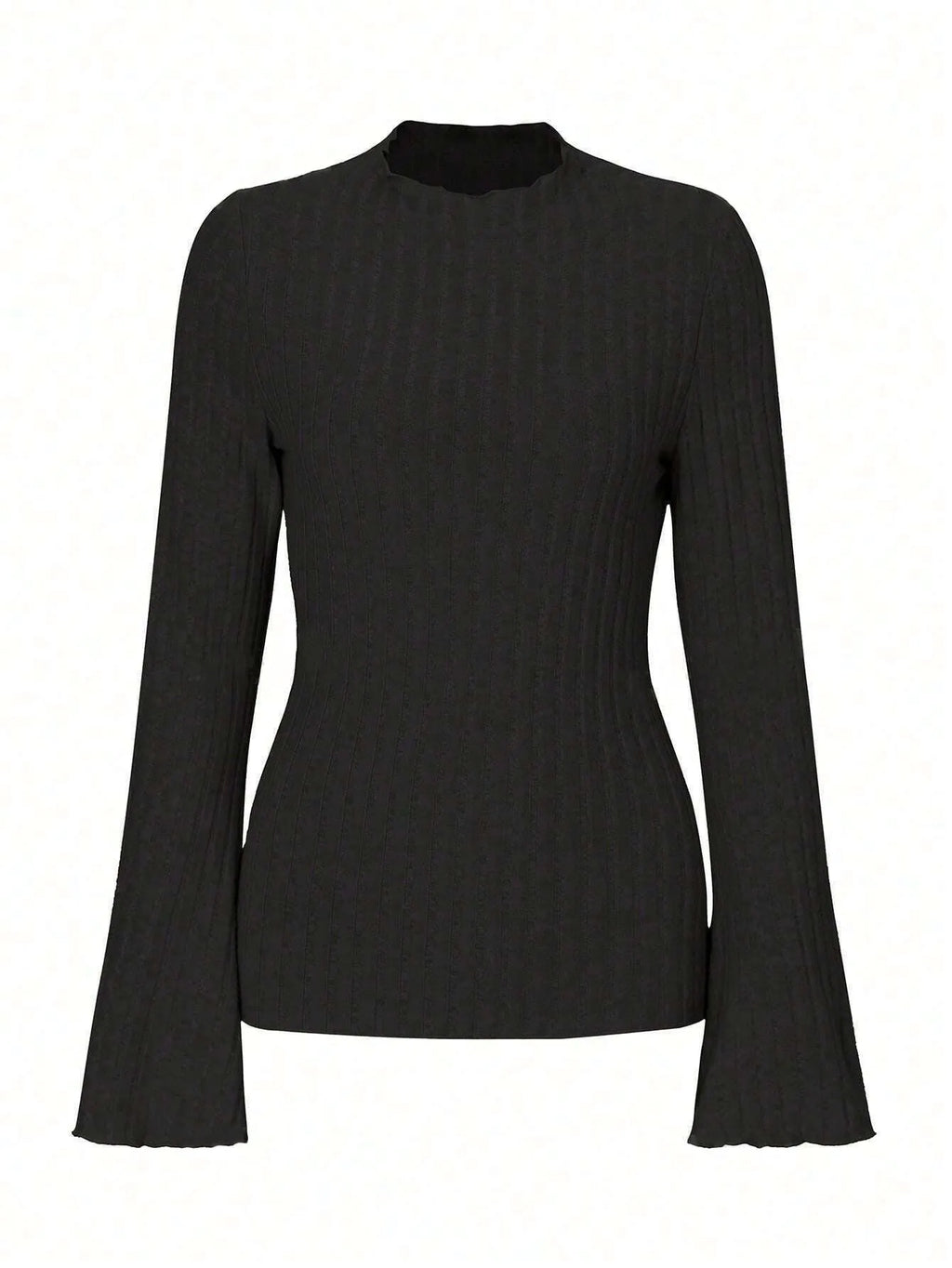 Black slim-fit long sleeve top with round neck and subtle sunken stripe pattern on soft brushed fabric.