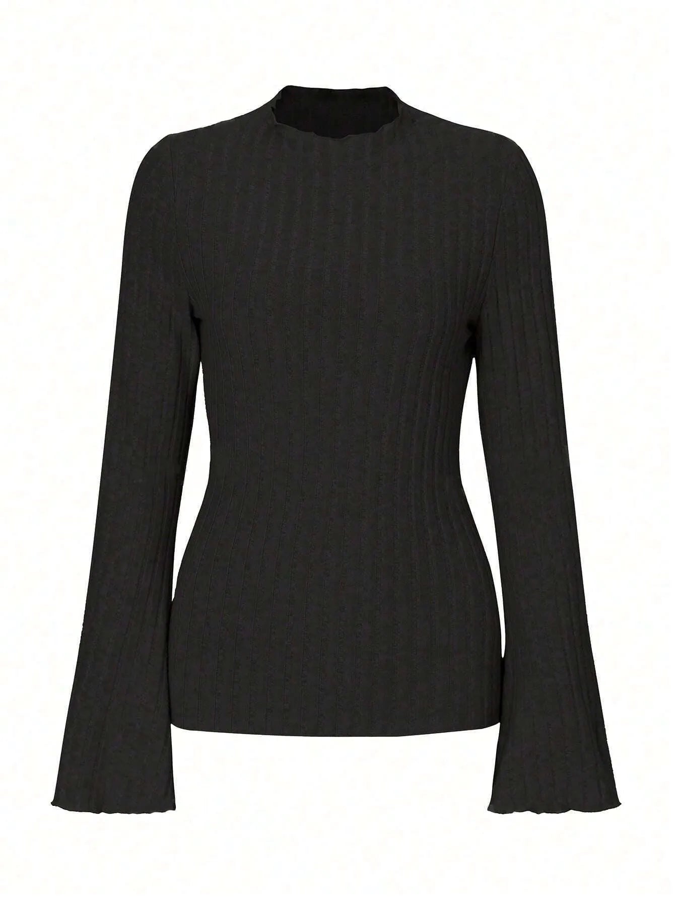 Black slim-fit long sleeve top with round neck and subtle sunken stripe pattern on soft brushed fabric.