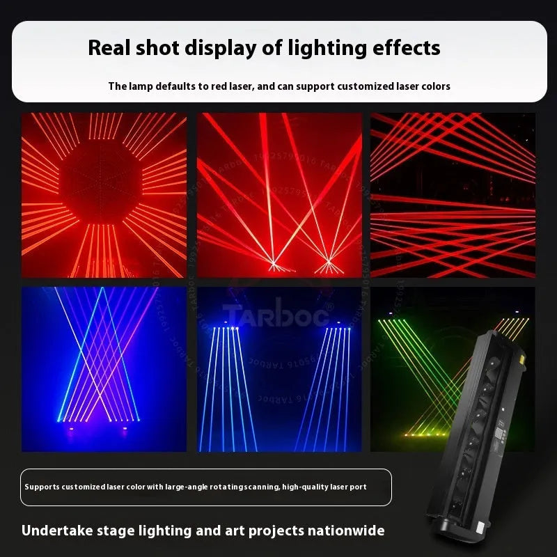 Six-eye double swing full colour laser lamp, 150W DMX512 indoor stage light, 84*9*25cm plastic body