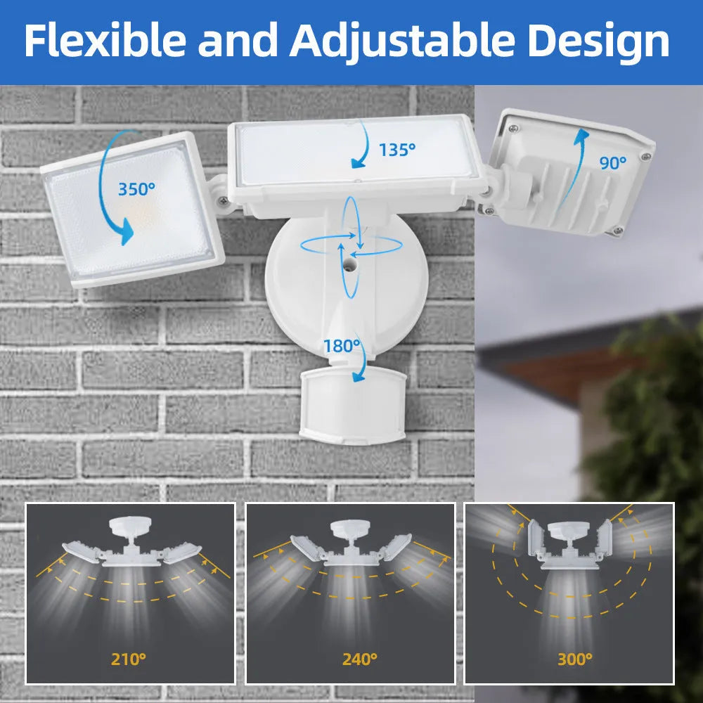 White and black LED security flood light with motion sensor for wall or ceiling mounting.