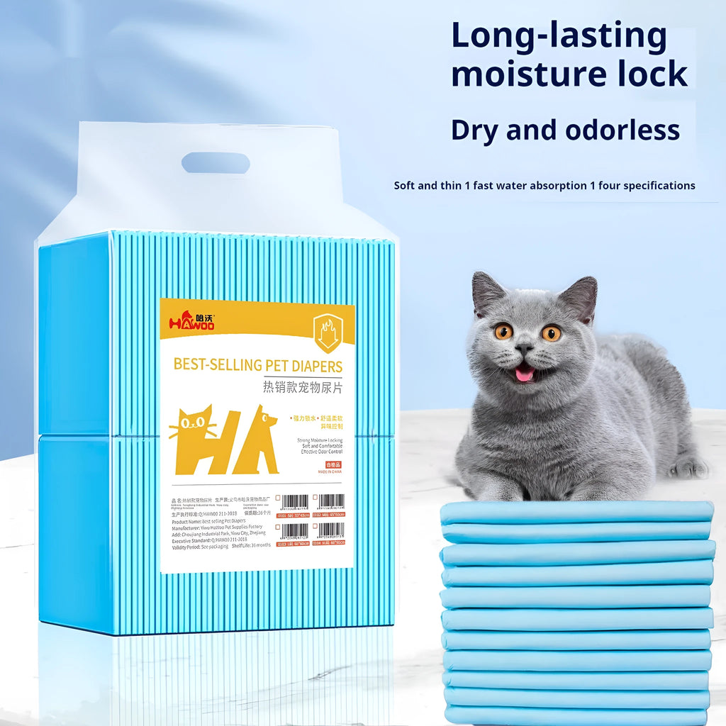 Disposable pet urinal pad for dogs with absorbent deodorant core in multiple sizes a pack of four pads on a floor