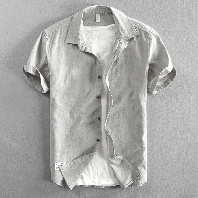 Men's casual loose lapels half sleeve cotton cardigan top in solid colour, front view