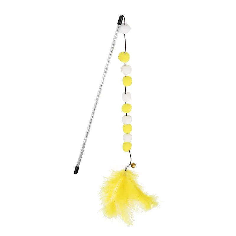 31cm cat teaser rod with colourful pompons and feathers on lightweight stick