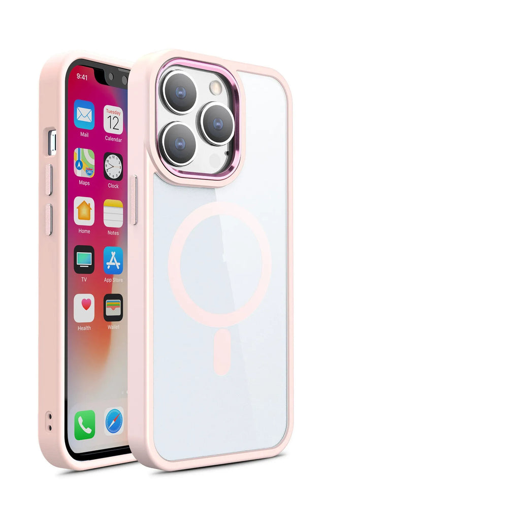 Transparent magnetic silicone phone case for iPhone on a table, showing the solid colour accent and integrated ring.