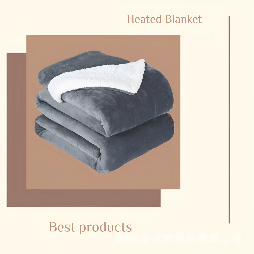 Grey and white flannel electric heating blanket with USB cable and temperature controls.