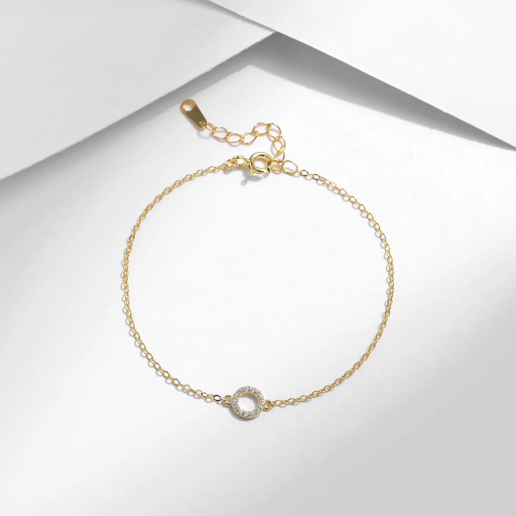 S925 sterling silver women's mini circle bracelet in gold colour with geometric round shape and micro-setting detail