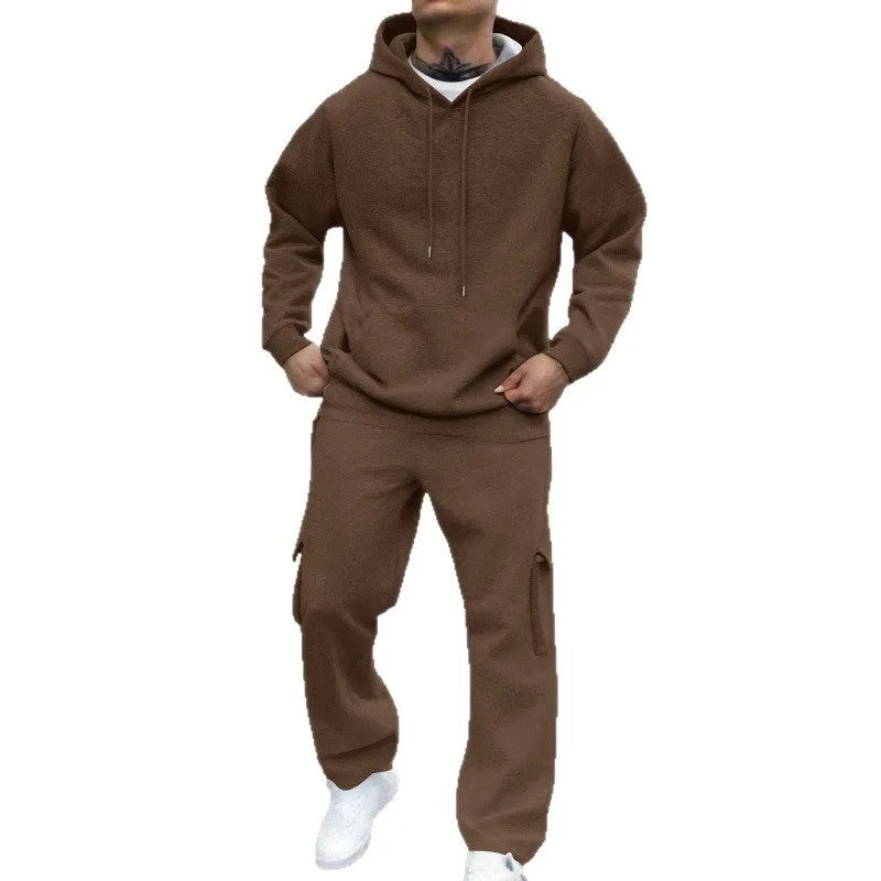 Men's hooded pullover suit set in dark blue including sweatshirt and joggers for winter casual wear