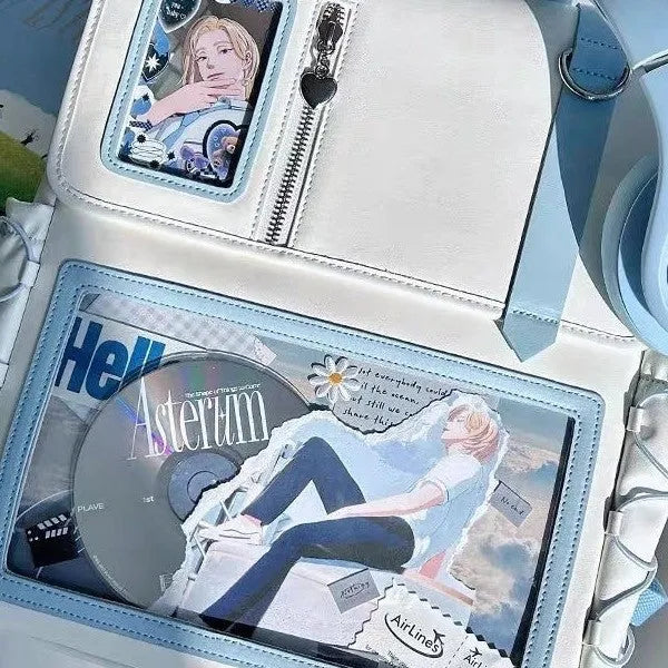 Qingkong blue and white PU backpack with large food intake compartment and double pain window