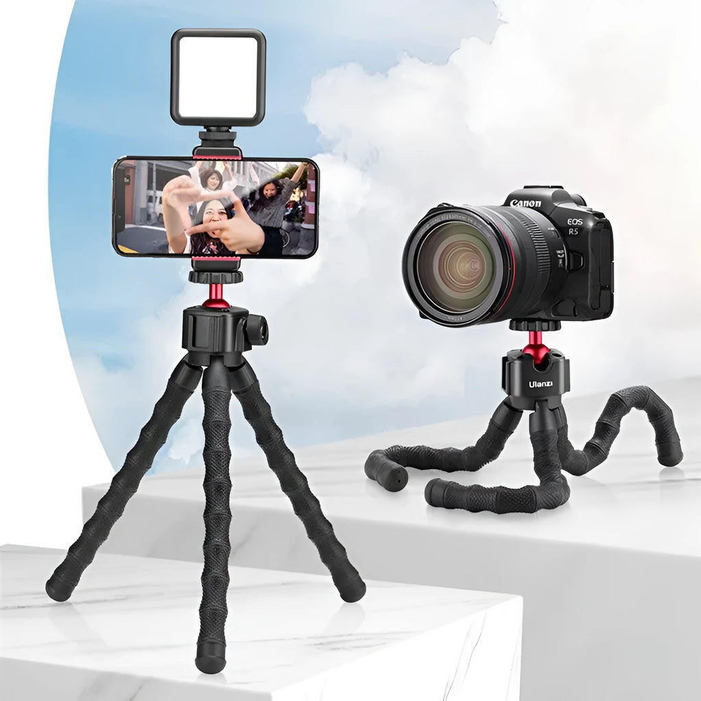 Multifunctional photography video vlog suite featuring an adjustable aluminium tripod on a flat surface.