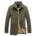 Men's fleece-lined thickened washed jacket in khaki, slim fit mid-length cotton trench coat with velvet lining