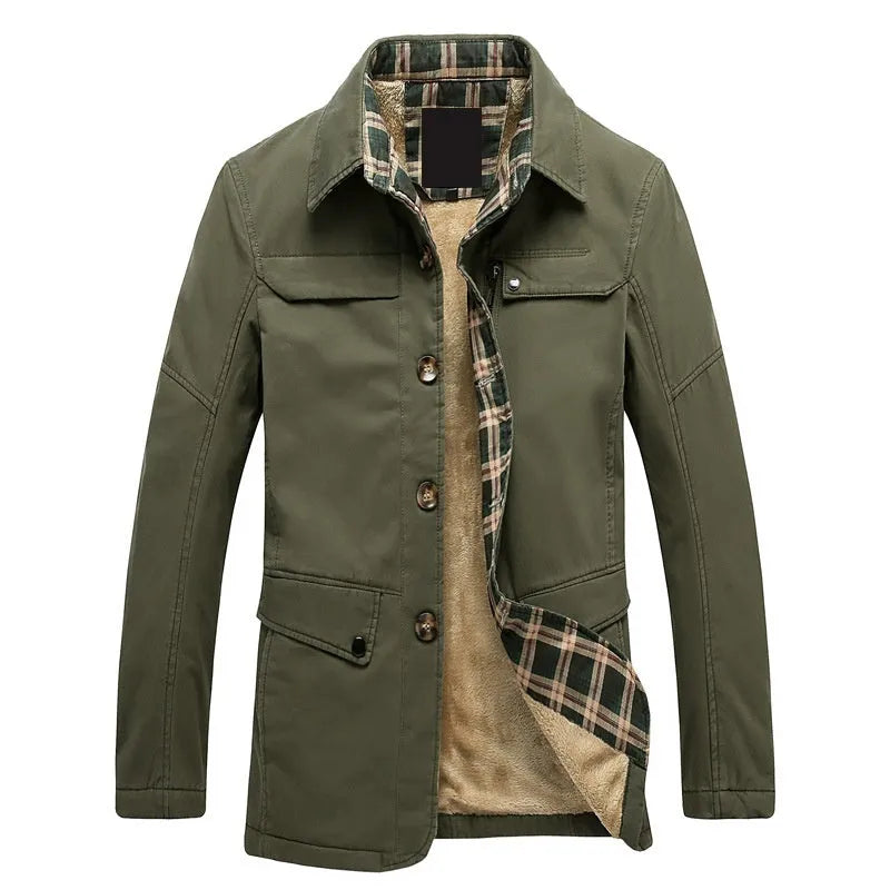 Men's fleece-lined thickened washed jacket in khaki, slim fit mid-length cotton trench coat with velvet lining