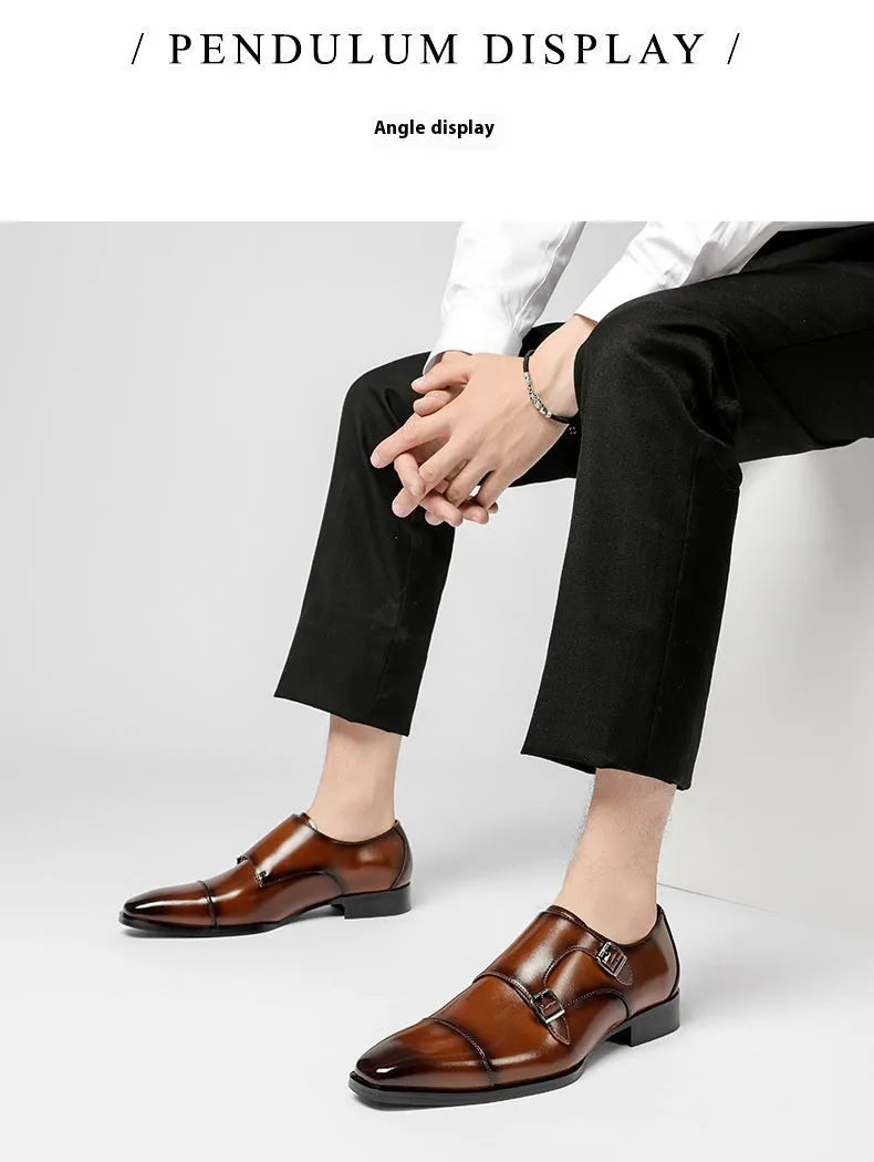 Men's black and light brown square-toe leather business casual shoes with low-top profile