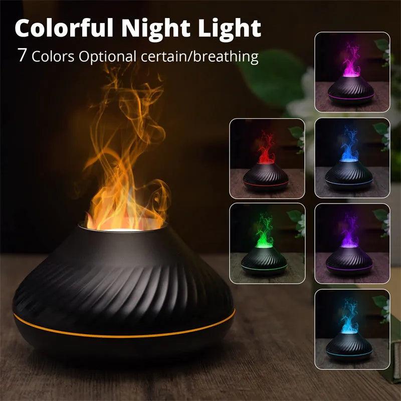 Beige USB aroma diffuser essential oil lamp with flame effect lighting on wooden surface