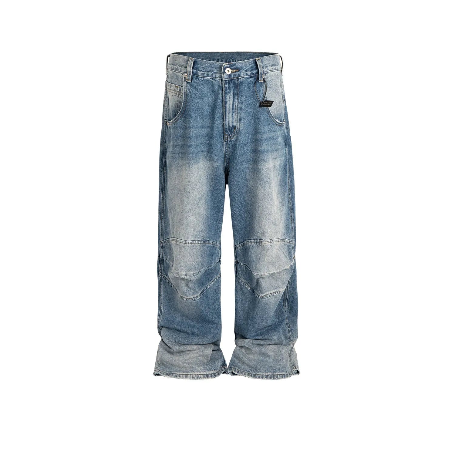 Blue baggy straight-leg jeans with a zip fly, shown in a washed white blue colour.