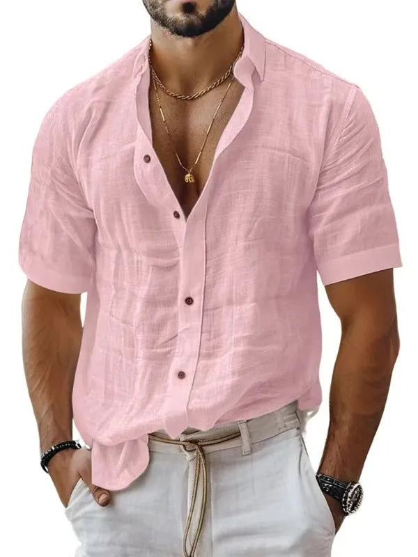 Men's solid colour lapel shirt with short sleeves in cotton linen blend fabric