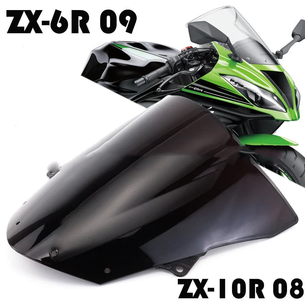 Blue and brown motorcycle windscreen for Kawasaki ZX-6R and ZX-10R sports bikes.