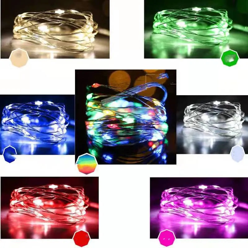Copper wire LED string light wrapped around a tree branch, showing multiple coloured bulbs.